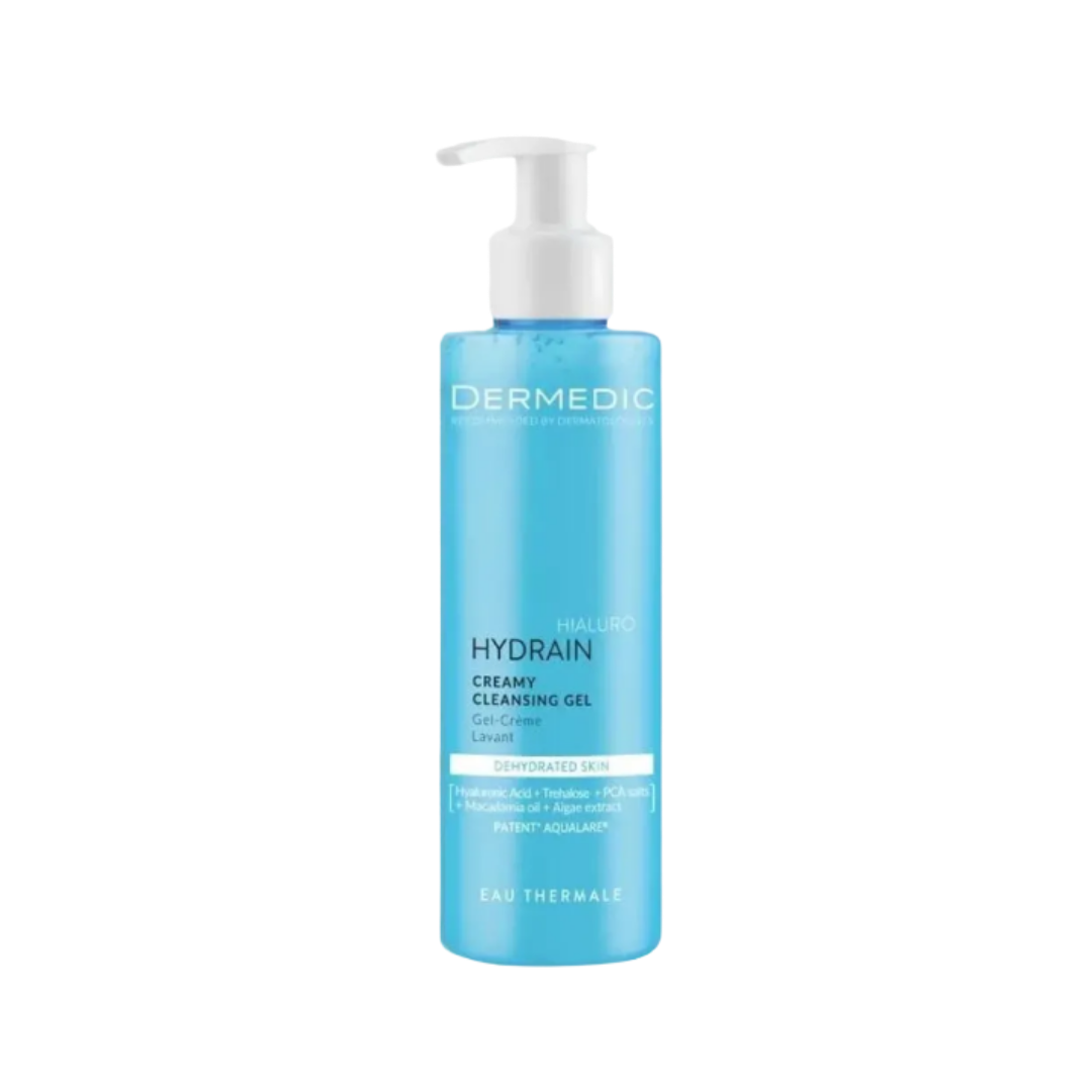 Dermedic Hialuro Hydrain Creamy Cleansing Gel, 200ml, designed for dehydrated skin, contains hyaluronic acid, trehalose, PCA units, and algae extracts.