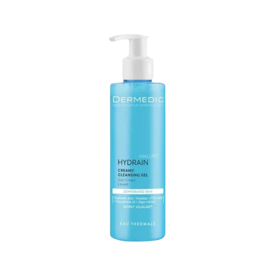 Dermedic Hialuro Hydrain Creamy Cleansing Gel, 200ml, designed for dehydrated skin, contains hyaluronic acid, trehalose, PCA units, and algae extracts.