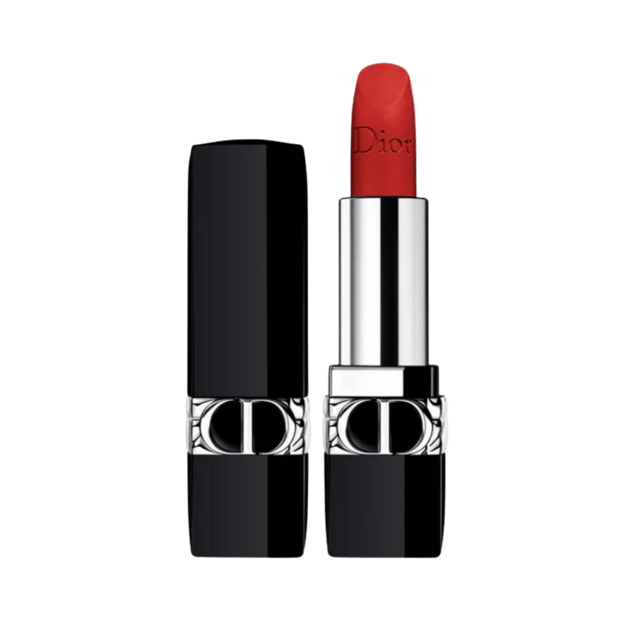 Rouge Dior lipstick in elegant cannage case with silver CD band and magnetic lid.