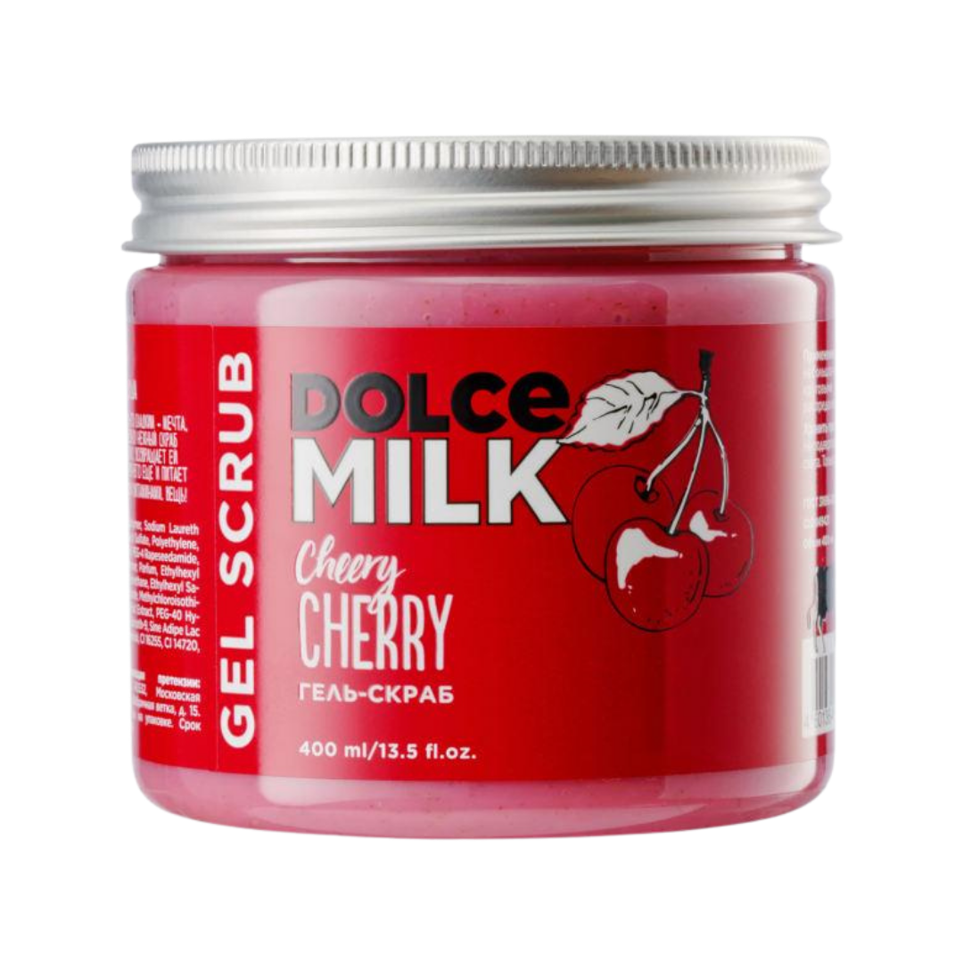 Dolce Milk Cherry Gel Scrub 400ml red jar with silver lid and cherry label