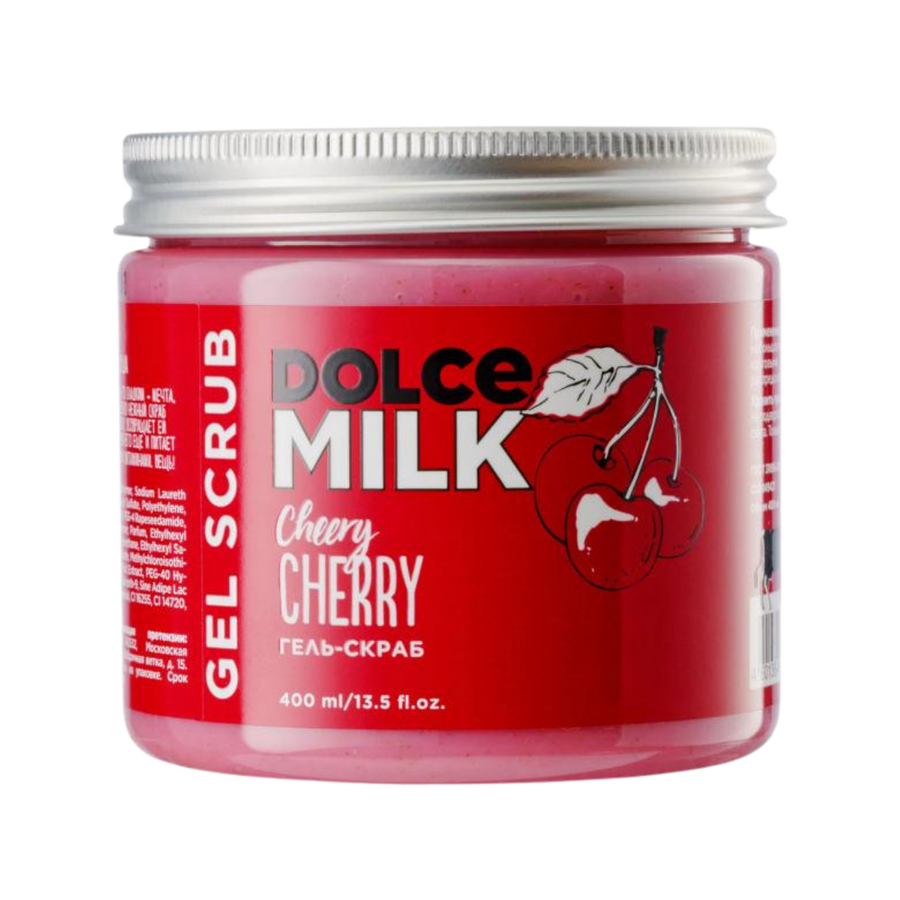 Dolce Milk Cherry Gel Scrub 400ml red jar with silver lid and cherry label