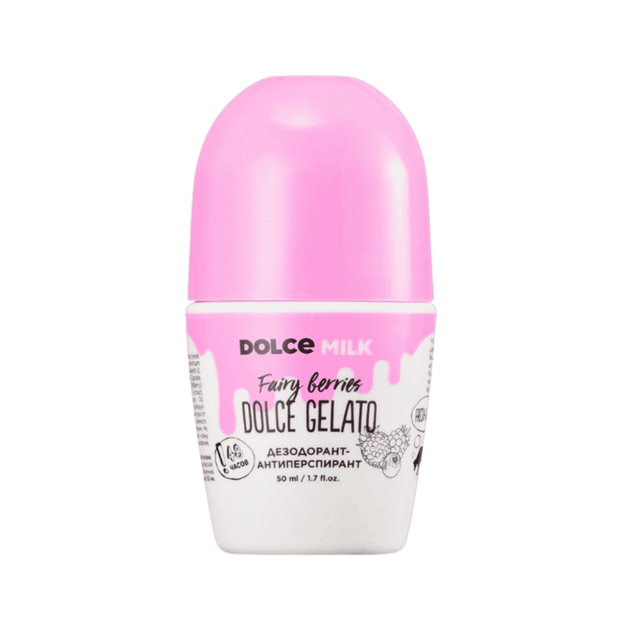 Dolce Milk Fairy Berries Dolce Gelato deodorant antiperspirant, 50ml, white roll-on bottle with pink cap.