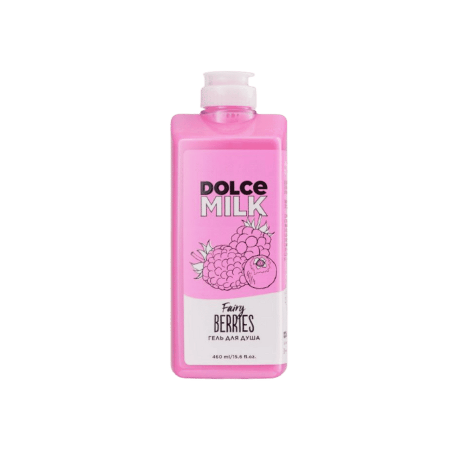 DOLCE MILK Fairy Berries shower gel, pink 460ml bottle with berry graphics and white pump cap