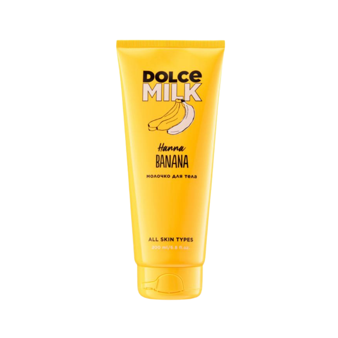 Dolce Milk Hanna Banana body milk 200ml yellow tube with flip cap and banana graphic