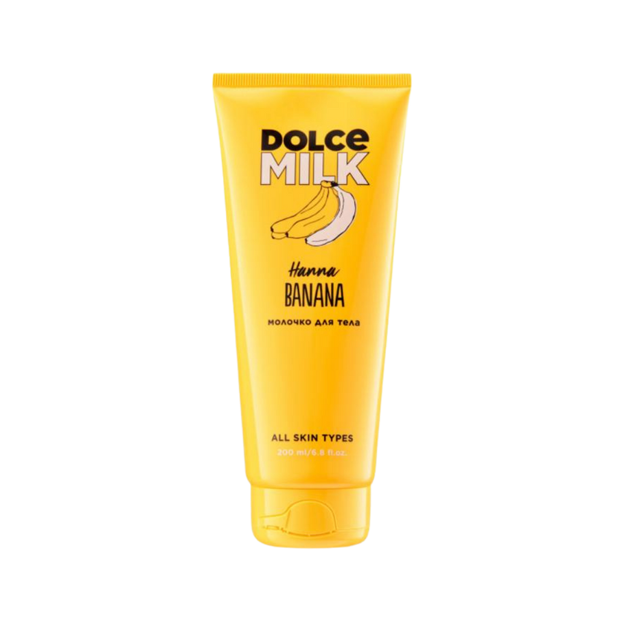 Dolce Milk Hanna Banana body milk 200ml yellow tube with flip cap and banana graphic