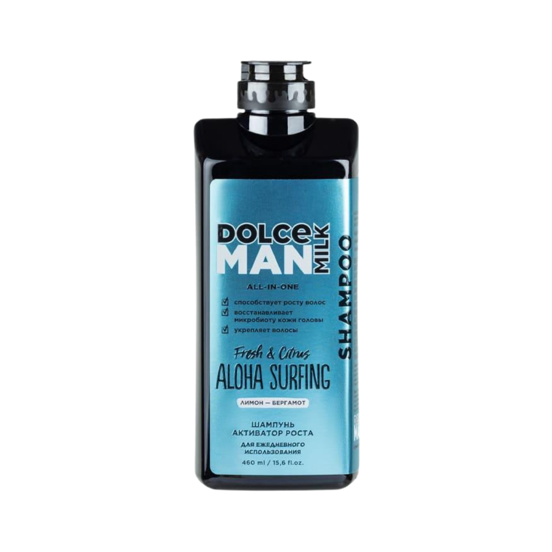 Dolce Milk Man Aloha Surfing shampoo 460ml black bottle with blue label and pump cap