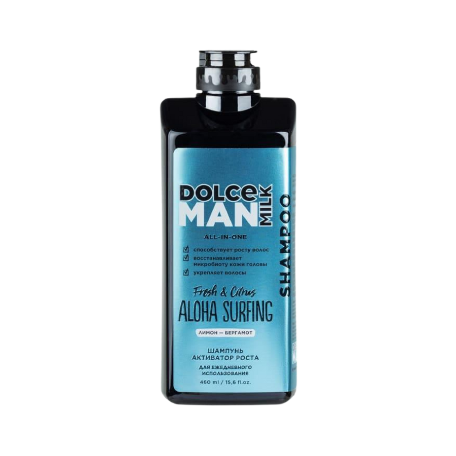 Dolce Milk Man Aloha Surfing shampoo 460ml black bottle with blue label and pump cap