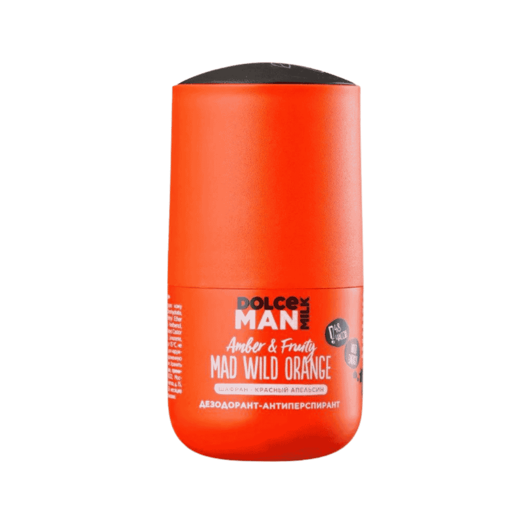 Dolce Man Milk Amber & Fruity Mad Wild Orange deodorant antiperspirant, orange container with black cap.