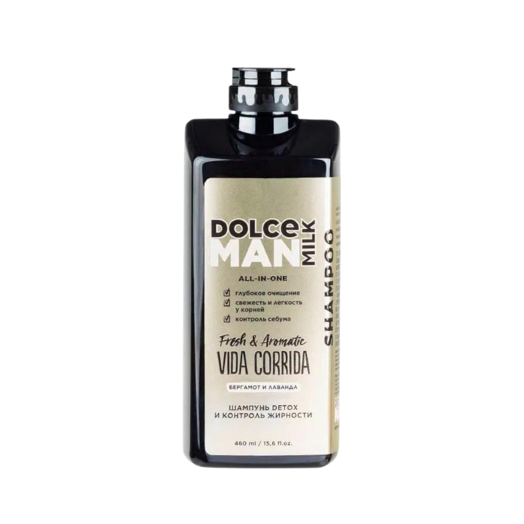 Dolce Milk Man Vida Corrida shampoo 460ml black bottle with cream label and pump cap
