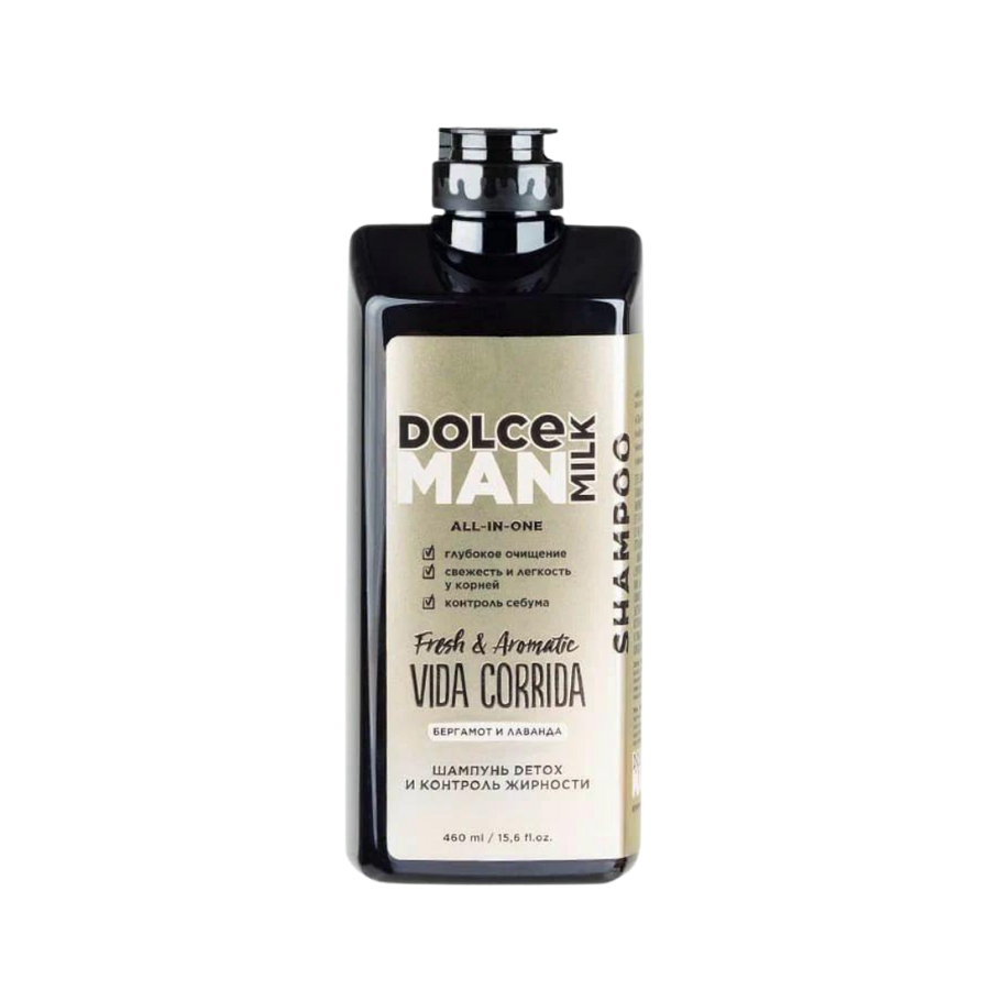 Dolce Milk Man Vida Corrida shampoo 460ml black bottle with cream label and pump cap

