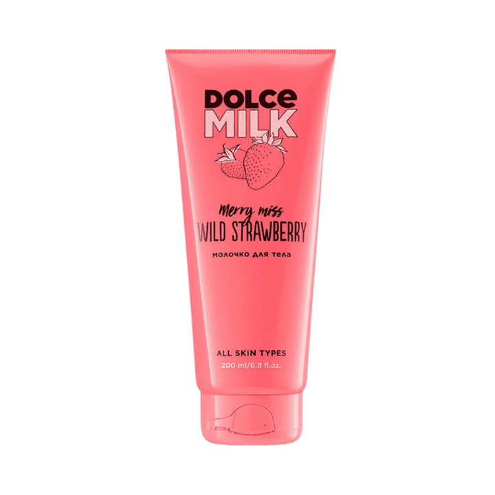 Dolce Milk Merry Miss Wild Strawberry body milk, 200ml, pink tube for all skin types.