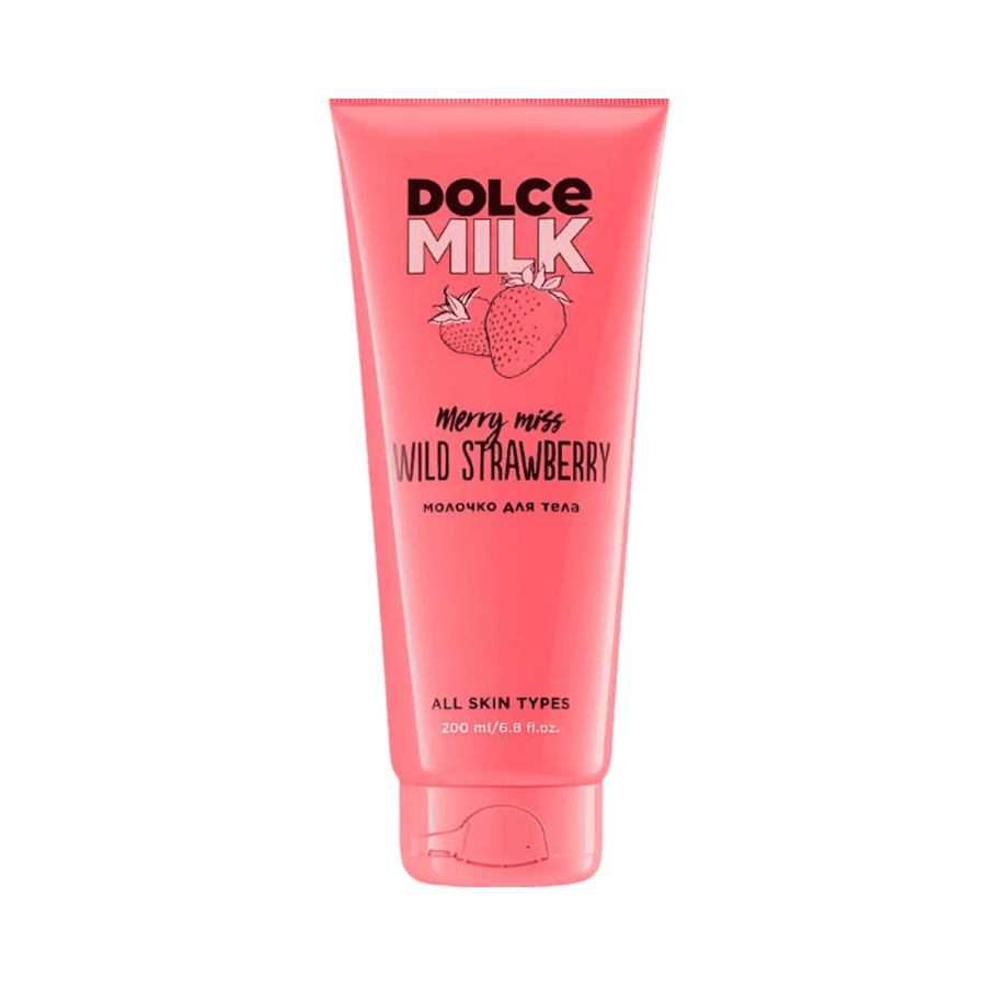 Dolce Milk Merry Miss Wild Strawberry body milk, 200ml, pink tube for all skin types.