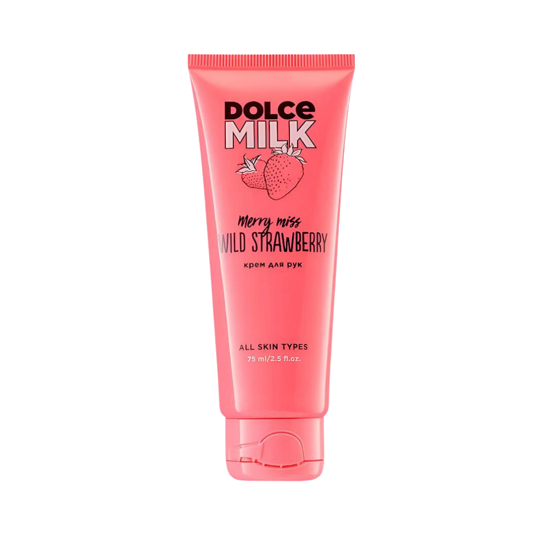 Dolce Milk Merry Miss Wild Strawberry hand cream 75ml pink tube with flip cap and strawberry graphic
