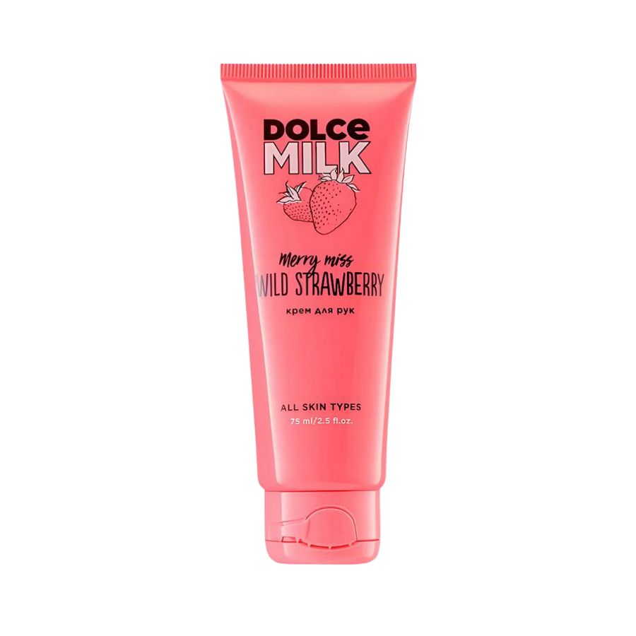 Dolce Milk Merry Miss Wild Strawberry hand cream 75ml pink tube with flip cap and strawberry graphic