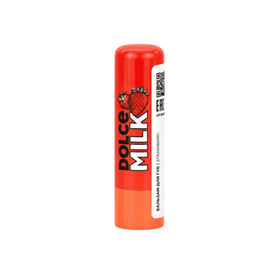 Dolce Milk Tutti Frutti Strawberry lip balm, red tube with orange cap and strawberry graphic.
