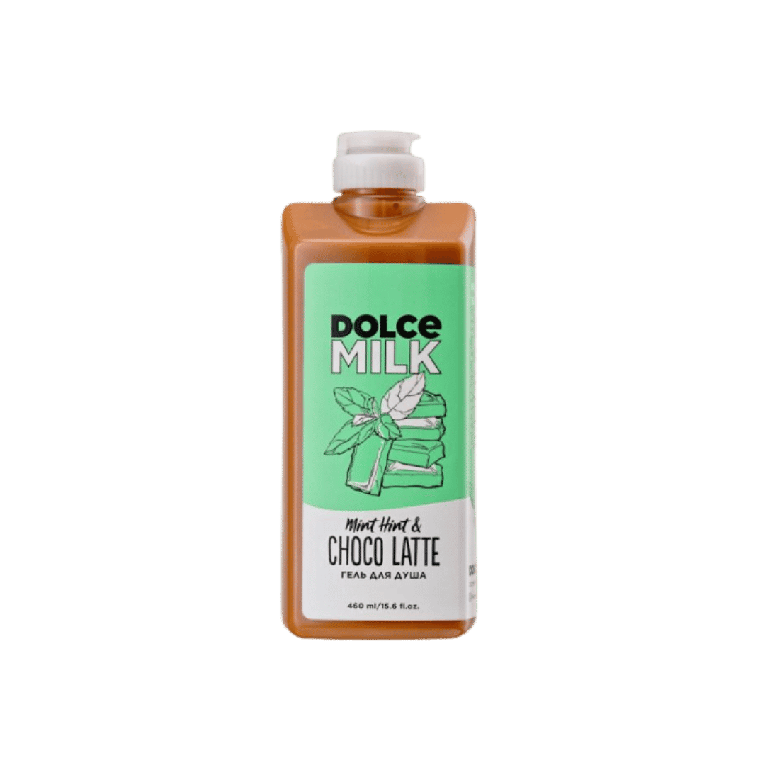 DOLCE MILK Mint Hint & Choco Latte shower gel, brown 460ml pump bottle with mint chocolate graphic