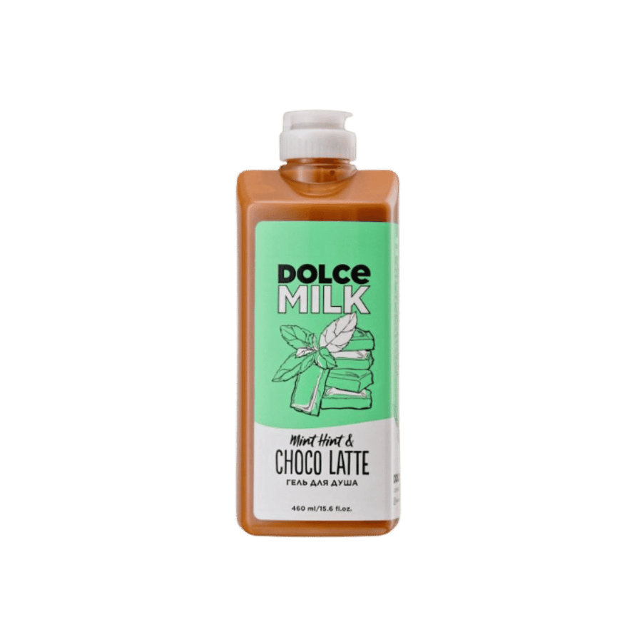 DOLCE MILK Mint Hint & Choco Latte shower gel, brown 460ml pump bottle with mint chocolate graphic