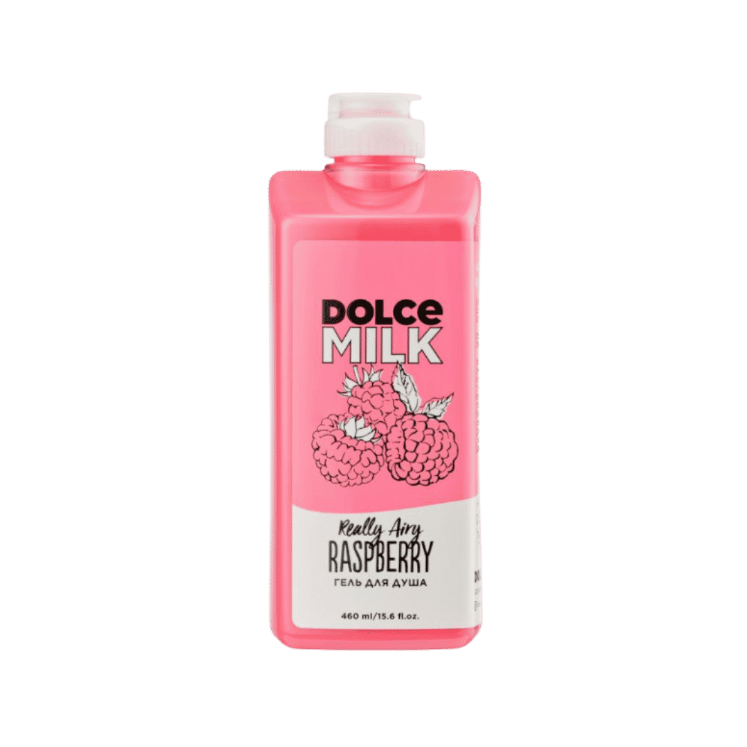 DOLCE MILK Really Airy Raspberry shower gel, pink 460ml bottle with raspberry graphic