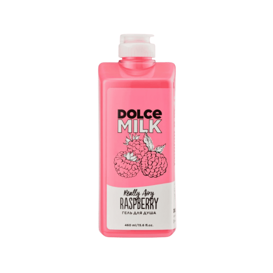 DOLCE MILK Really Airy Raspberry shower gel, pink 460ml bottle with raspberry graphic