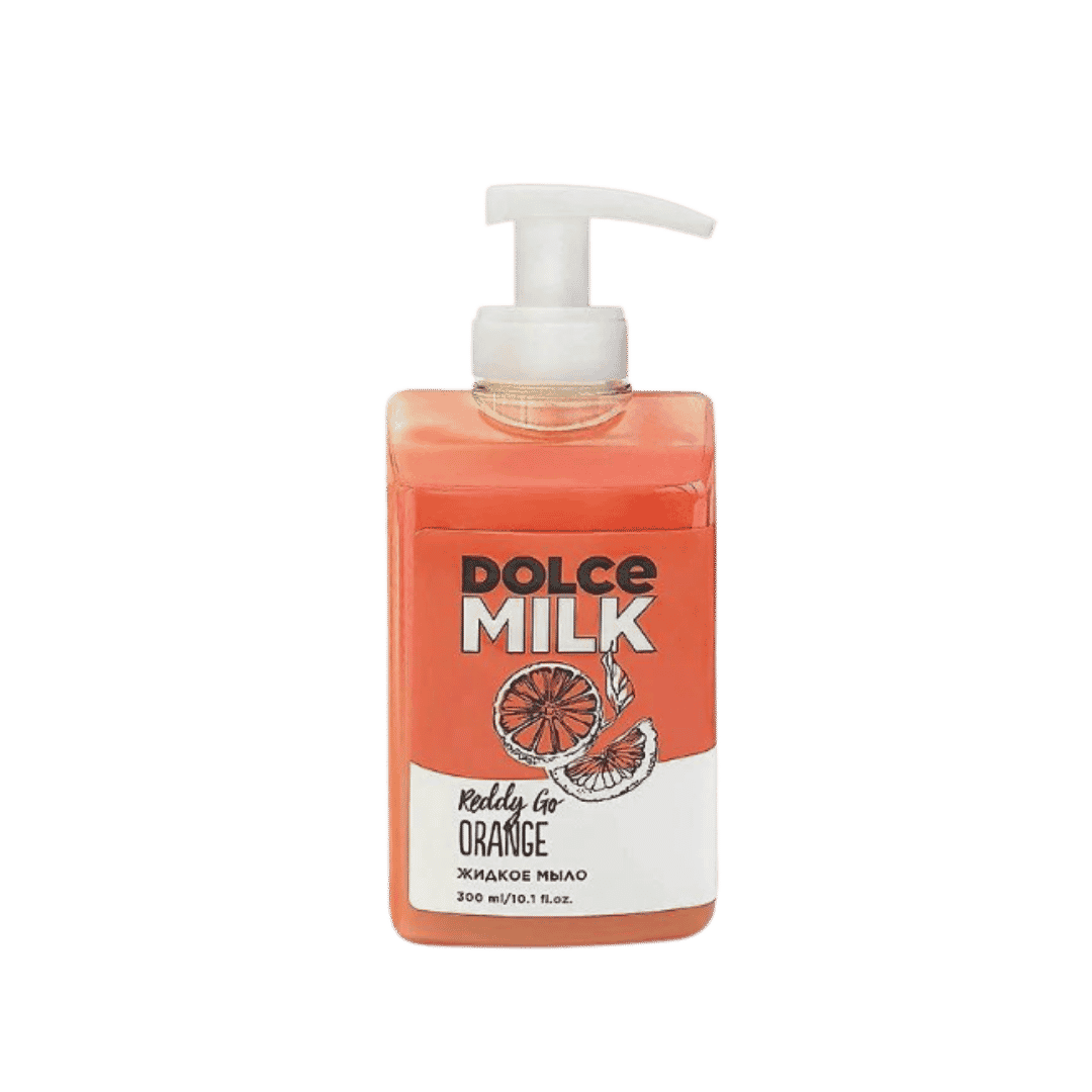 Dolce Milk Reddy Go Orange liquid soap, 300ml, orange square pump bottle with citrus label.