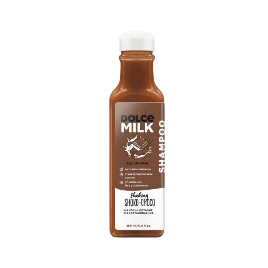 Dolce Milk All-In-One Shakin Shoko-Choco shampoo, 350ml, brown bottle with white cap and chocolate label.