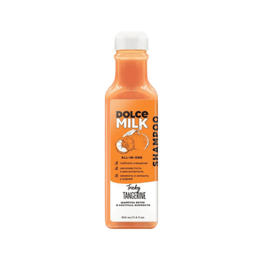 Dolce Milk All-In-One Tricky Tangerine shampoo, 350ml, orange bottle with white cap and citrus label.