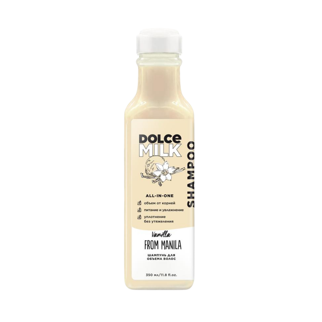 Dolce Milk Vanilla From Manila shampoo 350ml cream bottle with white cap and vanilla flower label