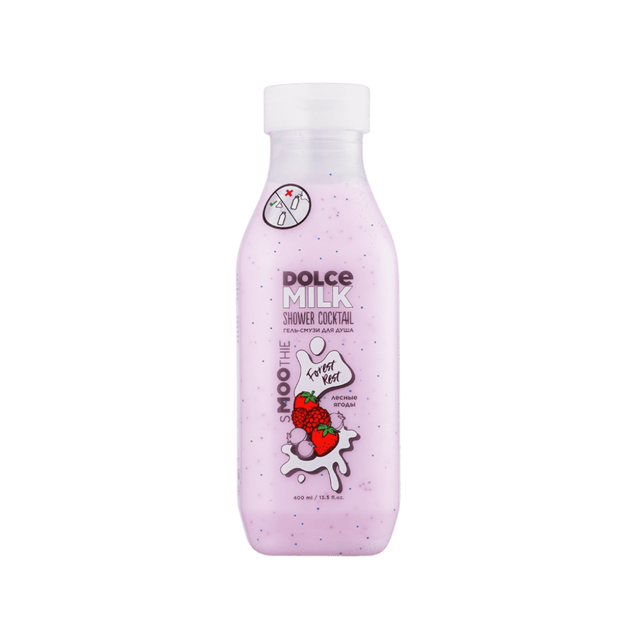 Dolce Milk Smoothie The Forest Rest shower cocktail, 400ml, pink speckled bottle with berry label.