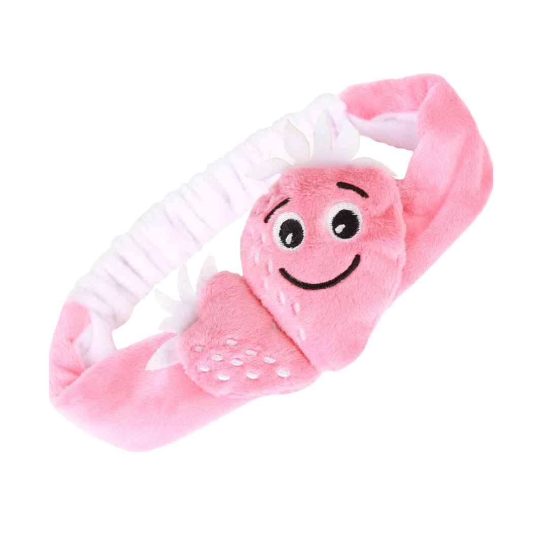 DOLCE MILK pink strawberry plush hair band with smiling face, white leaves, and elastic back