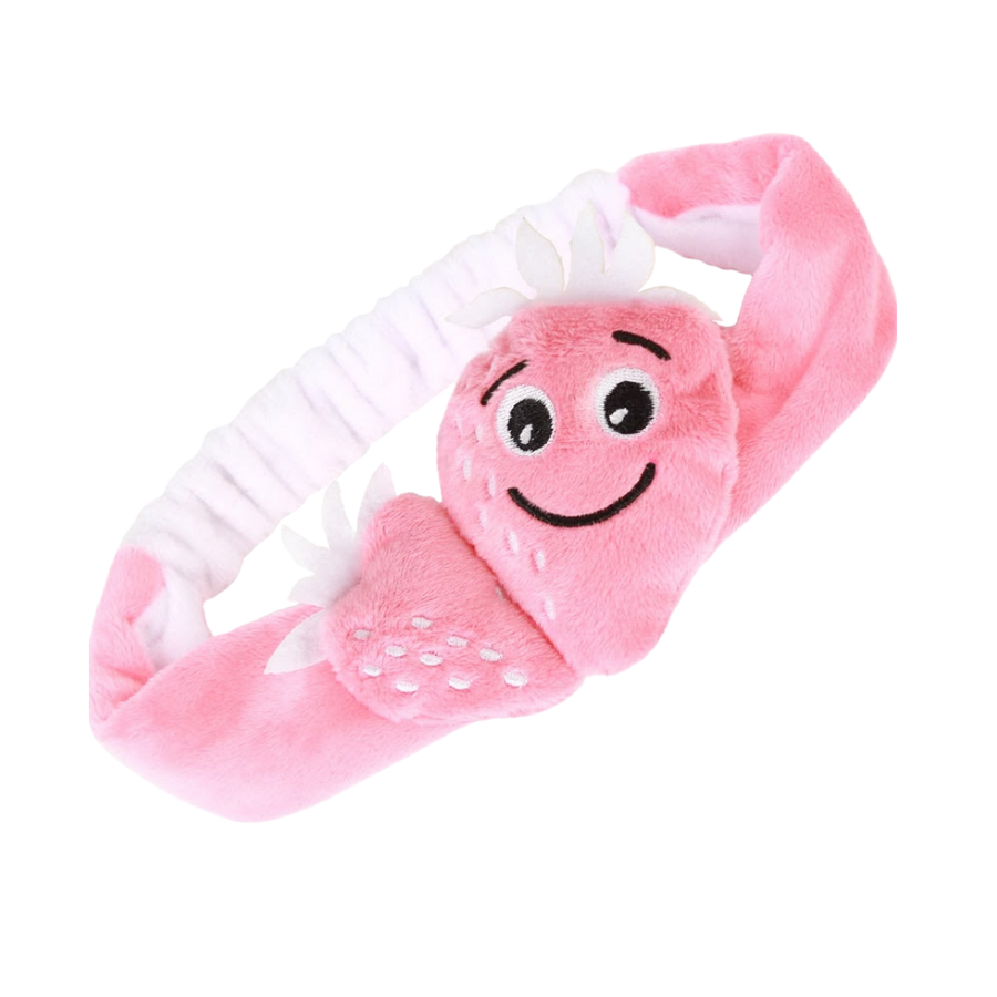 DOLCE MILK pink strawberry plush hair band with smiling face, white leaves, and elastic back