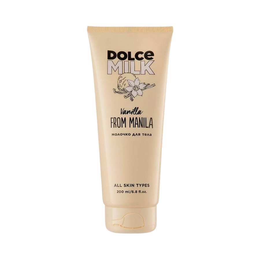 Dolce Milk Vanilla From Manila body milk 200ml beige tube with flip cap and vanilla label