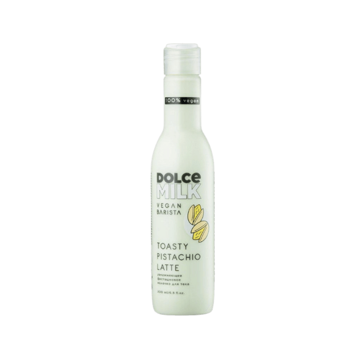 Dolce Milk Vegan Barista Toasty Pistachio Latte body milk, 200ml, pale green bottle with pistachio label.