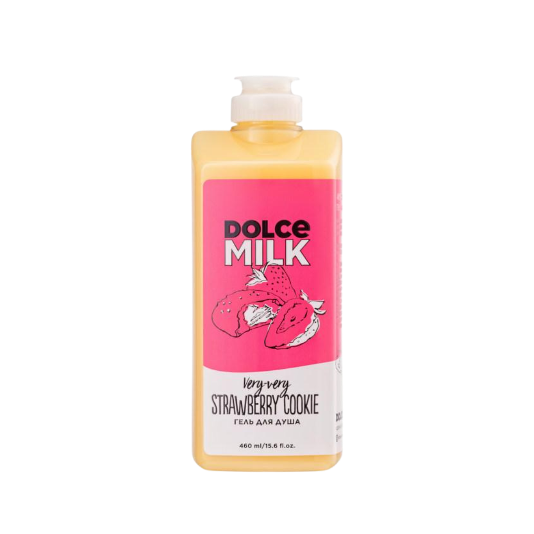 Dolce Milk Very-Very Strawberry Cookie shower gel 460ml yellow bottle with pink strawberry label