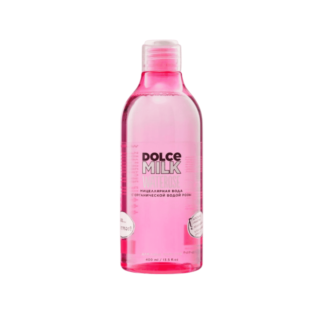 Dolce Milk Waterose micellar water with organic rose water, 400ml, transparent pink bottle with flip cap.
