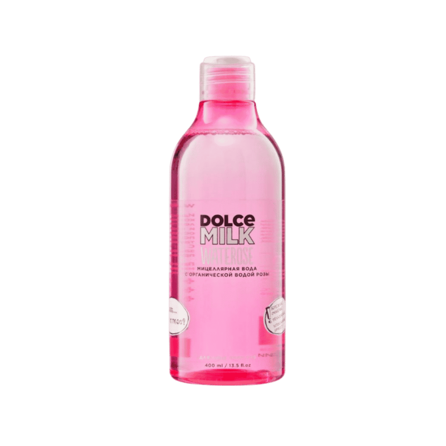 Dolce Milk Waterose micellar water with organic rose water, 400ml, transparent pink bottle with flip cap.