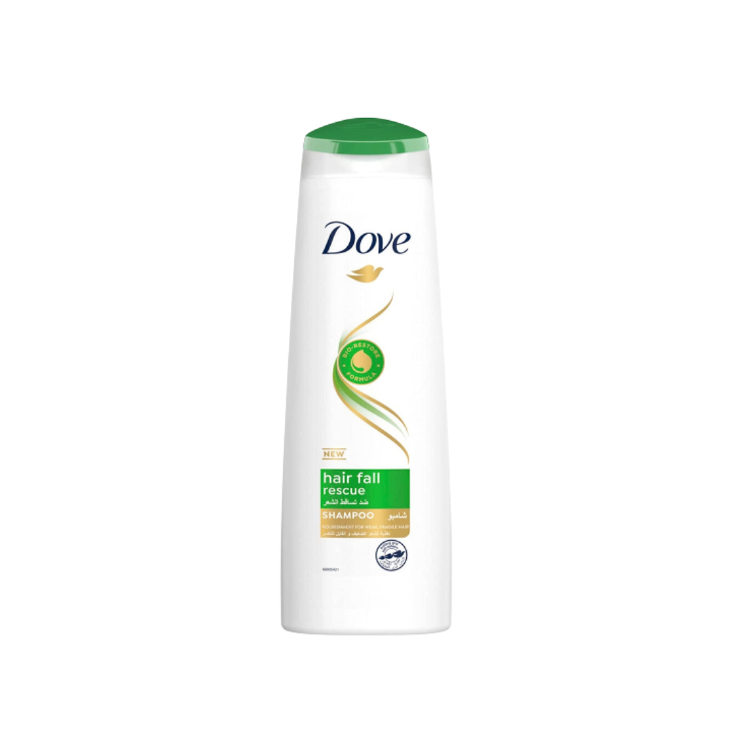 Dove Hair Fall Rescue shampoo in white bottle with green cap and bilingual label