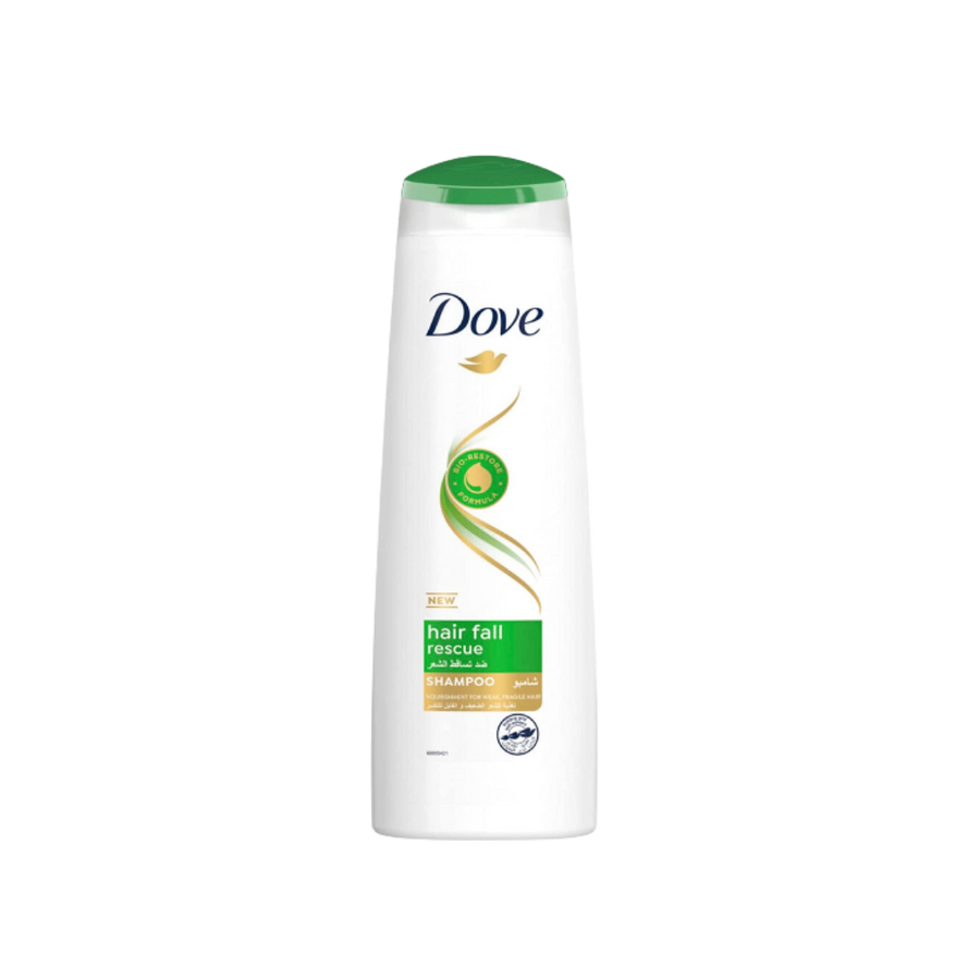 Dove Hair Fall Rescue shampoo in white bottle with green cap and bilingual label