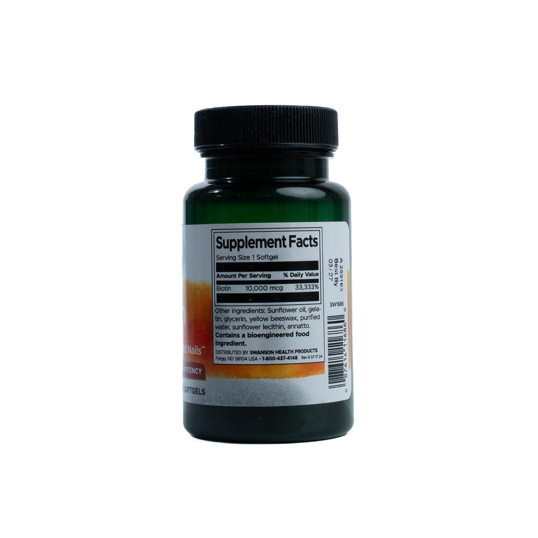Swanson Biotin Nourishes Hair, Skin and Nails 10000 mcg - 60 Softgels | سوانسون كبسولات البيوتين لدعم صحة الجلد والشعر والأظافر 10000 مكغ - 60 كبسولة