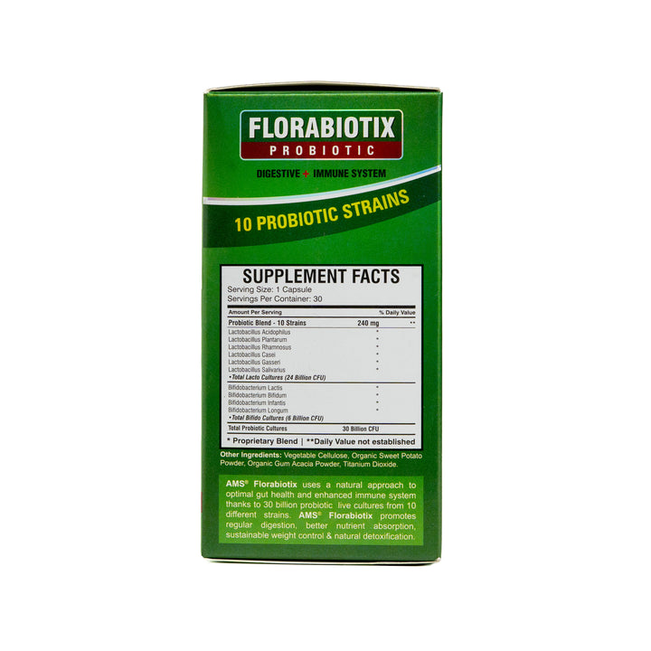 AMS  Florabiotix Probiotic 30 Billion Live Cultures 30 Capsules | إيه إم إس كبسولات بروبيوتيك لدعم الجهاز الهضمي - 30 كبسولة