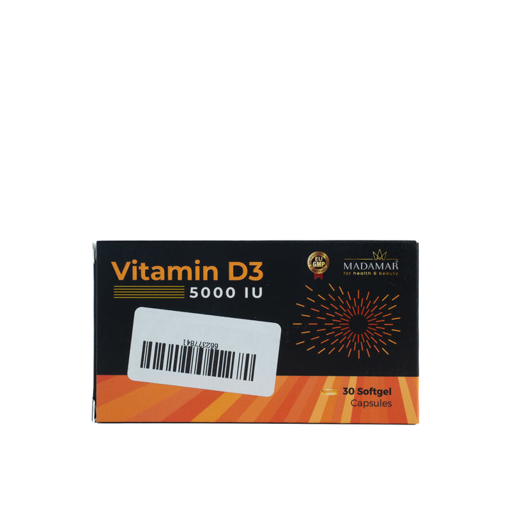 MADAMAR Vitamin D3 5000 Iu 30 Softgel Capsules | مادامار مكمل غذائي يحتوي على فيتامين دال3 - 30 كبسولة جيلاتينية