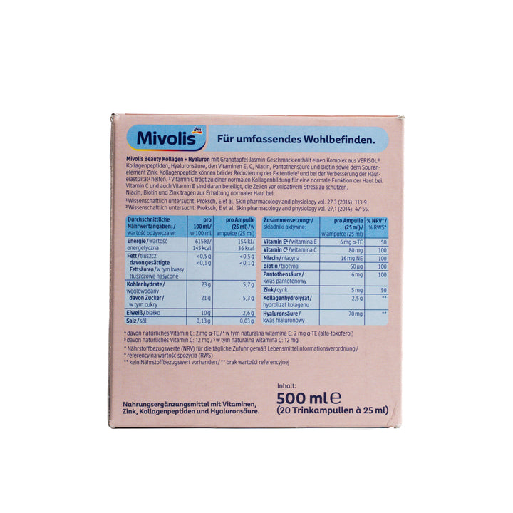 Mivolis Beauty Collagen + Hyaluron, - 20 Trinkampullen | ميفوليس امبولات شراب ببتيدات الكولاجين + هيالورونيك اسيد - 20 امبولة