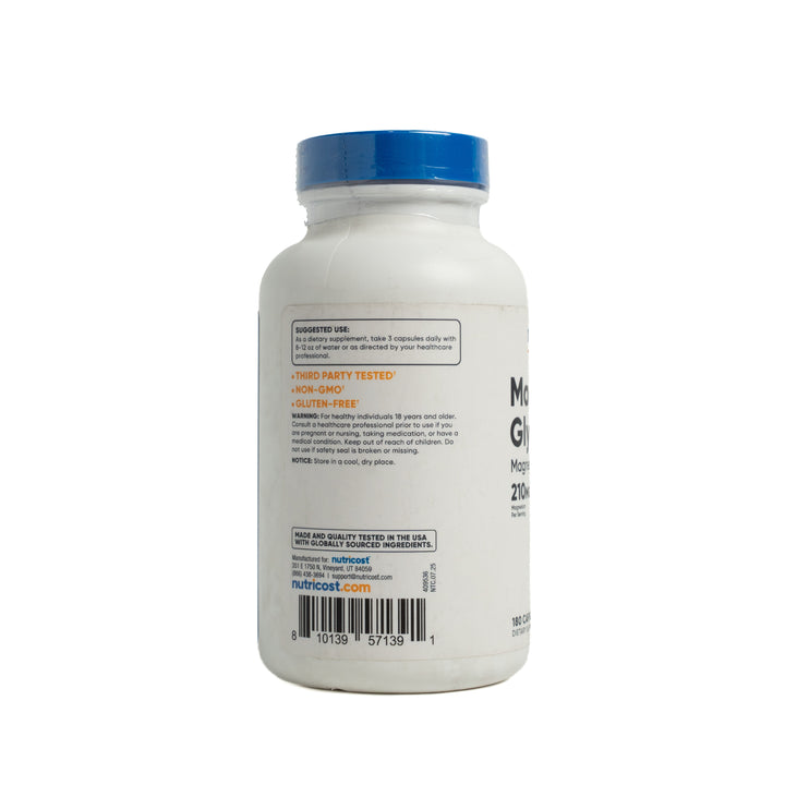 Nutricost Magnesium Glycinate 210 Mg - 180 Capsules | نيوتريكوست مكمل غذائي يحتوي على مغنيسيوم غلايسينات 210 ملغ - 180 كبسولة