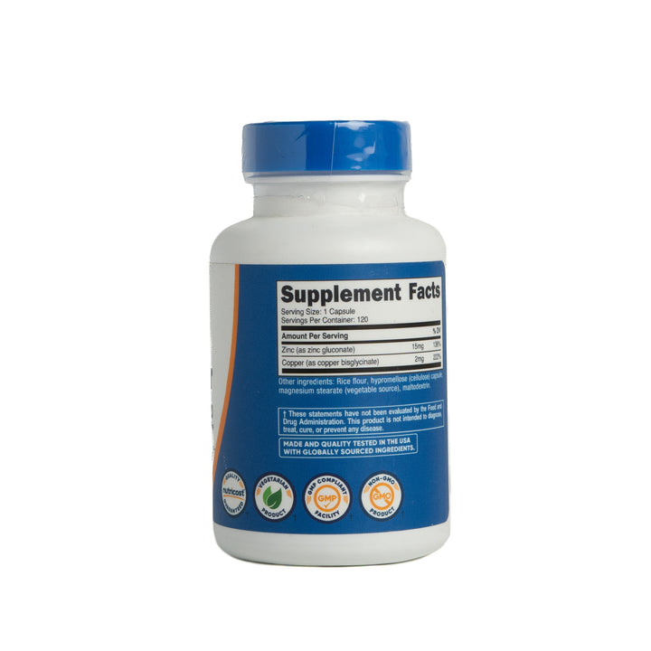 Nutricost Zinc + Copper - 120 Capsules | نيوتريكوست مكمل غذاي يحتوي على زنك + نحاس 15 ملغ - 120 كبسولة