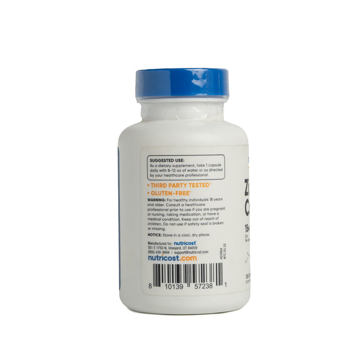 Nutricost Zinc + Copper - 120 Capsules | نيوتريكوست مكمل غذاي يحتوي على زنك + نحاس 15 ملغ - 120 كبسولة