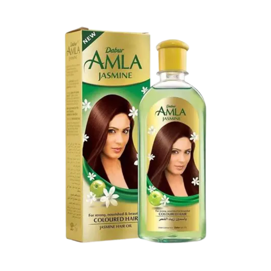 Dabur Amla Jasmine hair oil bottle with gold cap and matching box, colored hair variant
