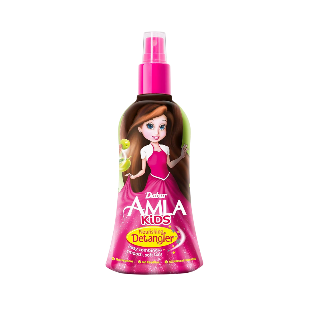 Dabur Amla Kids nourishing detangler spray in pink pump bottle with illustrated character label
