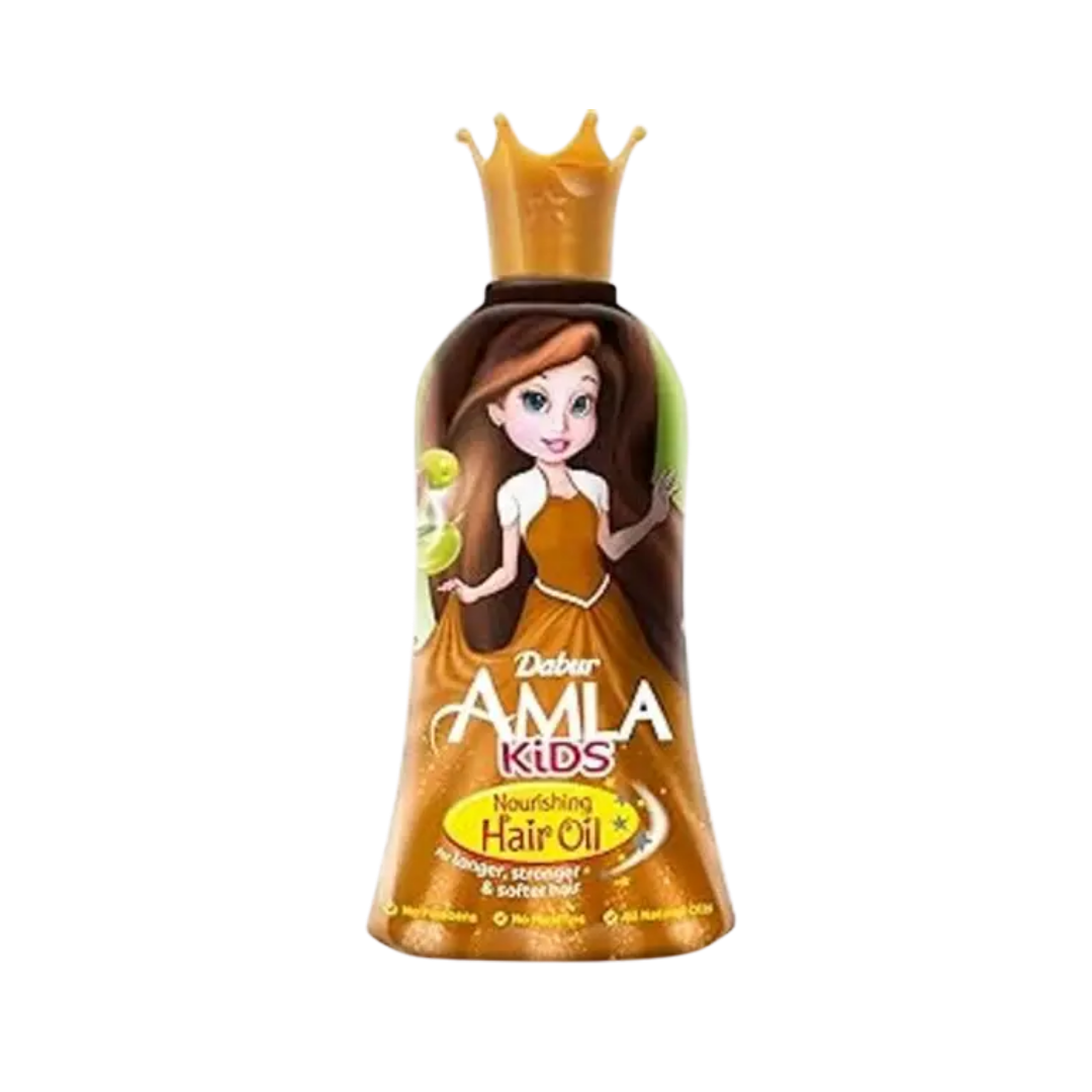 Dabur Amla Kids nourishing hair oil bottle with princess illustration and crown-shaped cap
