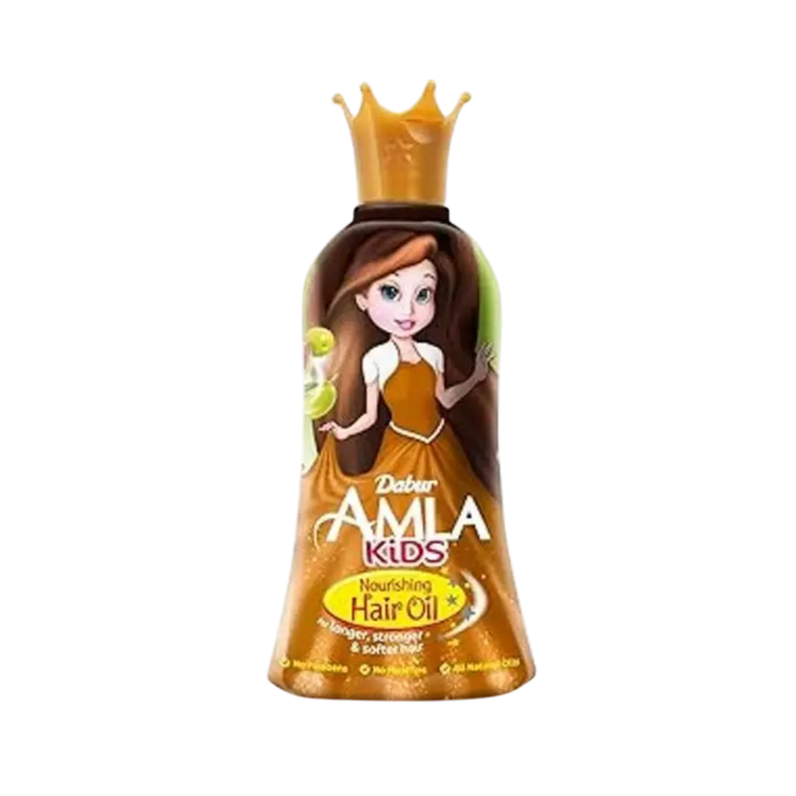 Dabur Amla Kids nourishing hair oil bottle with princess illustration and crown-shaped cap
