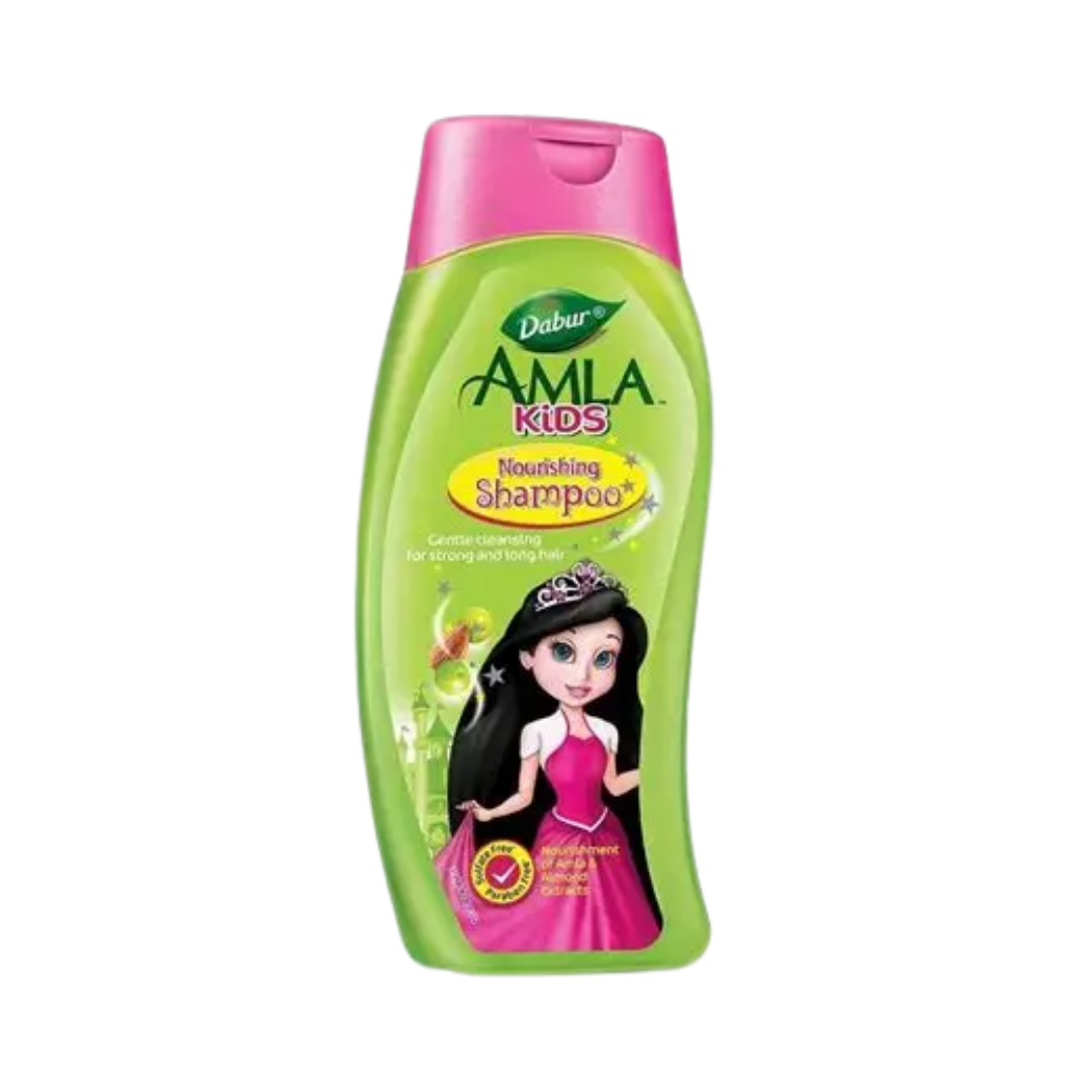 Dabur Amla Kids nourishing shampoo green bottle with pink cap and princess illustration
