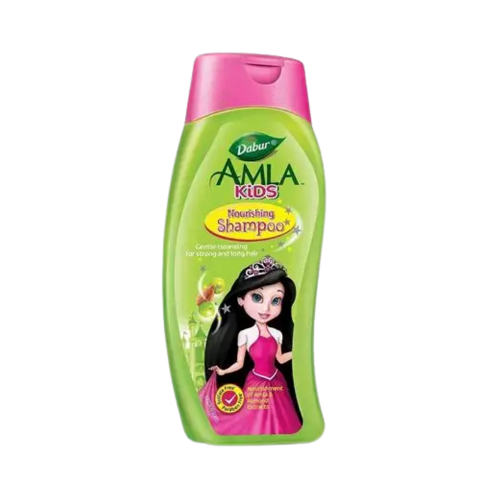 Dabur Amla Kids nourishing shampoo green bottle with pink cap and princess illustration
